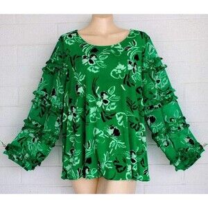 Alfani 1X Green White Flower Garden Ruffle Sleeve Bubble Hem Pullover Top